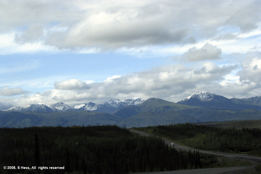 The Alaska Highway with the Kluane Mountains in the backgroudn